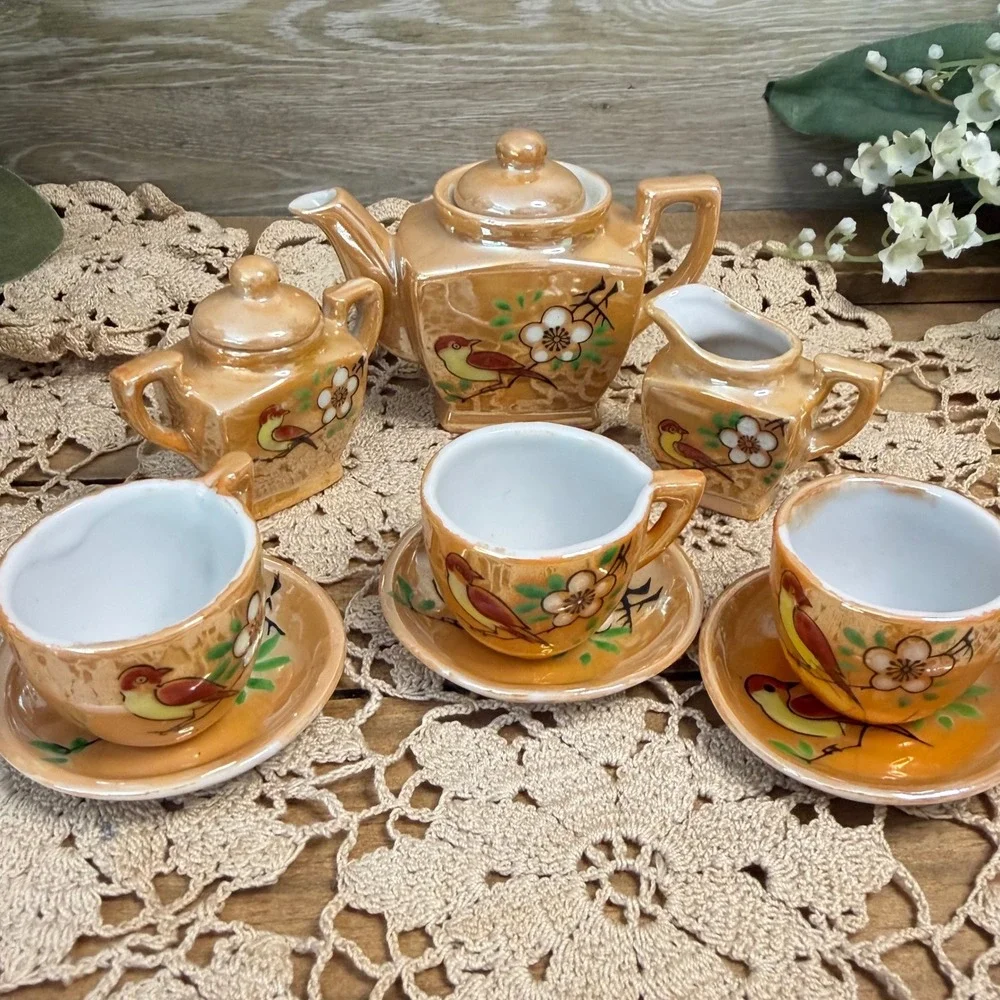 11pc Vintage KA Made in Occupied Japan Lusterware Miniature Tea Set Bird Floral